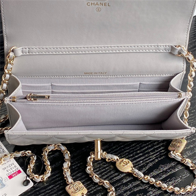 Ch*el clutch with chain lambskin, strass & gold-tone metal grey ap4300