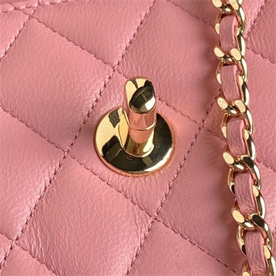 Ch*el clutch with chain lambskin, strass & gold-tone metal pink ap4300