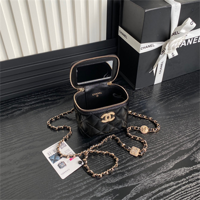 Ch*el small vanity with chain lambskin, strass & gold-tone metal black ap4302