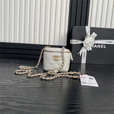 Ch*el small vanity with chain lambskin, strass & gold-tone metal white ap4302