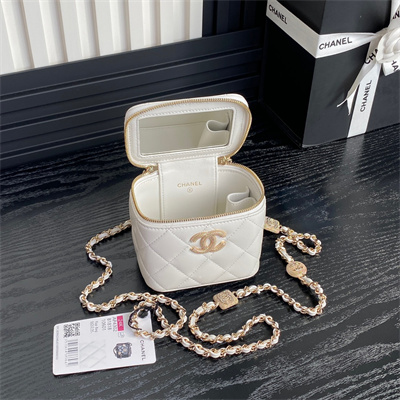 Ch*el small vanity with chain lambskin, strass & gold-tone metal white ap4302