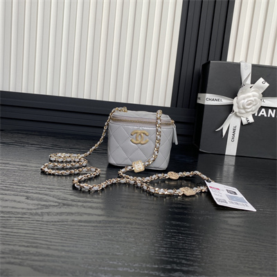 Ch*el small vanity with chain lambskin, strass & gold-tone metal grey ap4302