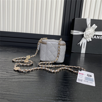 Ch*el small vanity with chain lambskin, strass & gold-tone metal grey ap4302