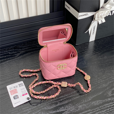 Ch*el small vanity with chain lambskin, strass & gold-tone metal pink ap4302