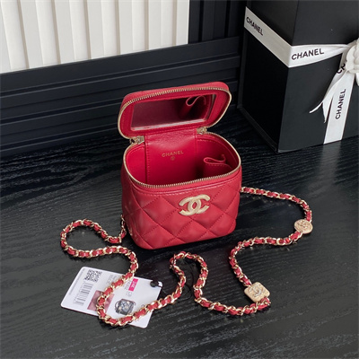 Ch*el small vanity with chain lambskin, strass & gold-tone metal red ap4302