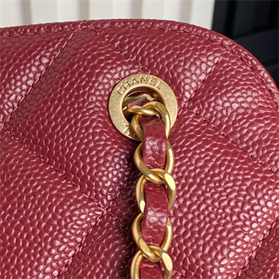 Ch*el small bowling  bag grained calfskin gold tone metal burgundy as5137