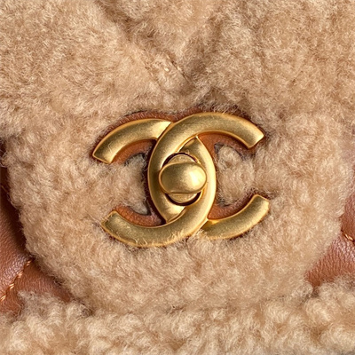 Ch*el mini flap bag shearling lambskin & gold-tone metal beige/brown as5148