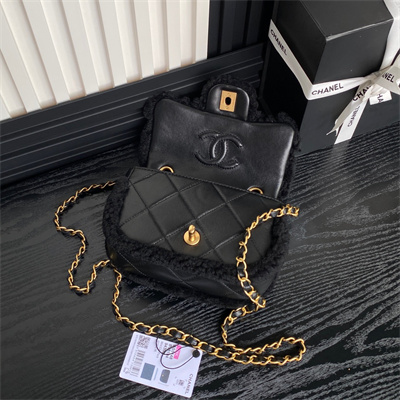 Ch*el mini flap bag shearling lambskin & gold-tone metal black as5148
