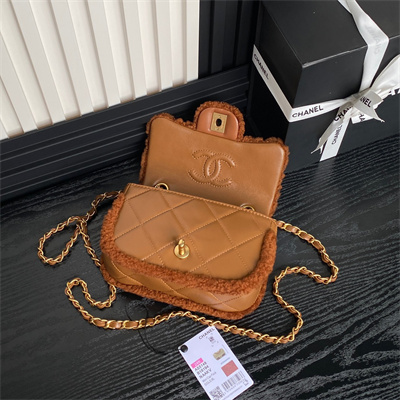 Ch*el mini flap bag shearling lambskin & gold-tone metal brown as5148