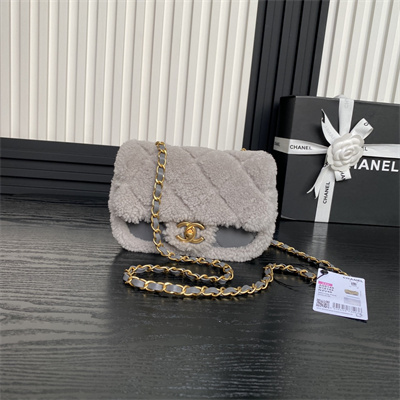 Ch*el mini flap bag shearling lambskin & gold-tone metal grey as5148