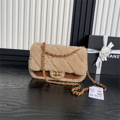 Ch*el flap bag shearling lambskin & gold-tone metal beige/brown as5149