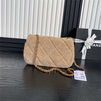 Ch*el flap bag shearling lambskin & gold-tone metal beige/brown as5149