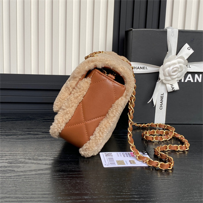 Ch*el flap bag shearling lambskin & gold-tone metal beige/brown as5149