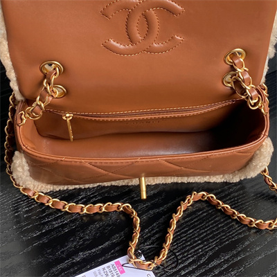 Ch*el flap bag shearling lambskin & gold-tone metal beige/brown as5149