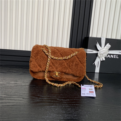 Ch*el flap bag shearling lambskin & gold-tone metal brown as5149