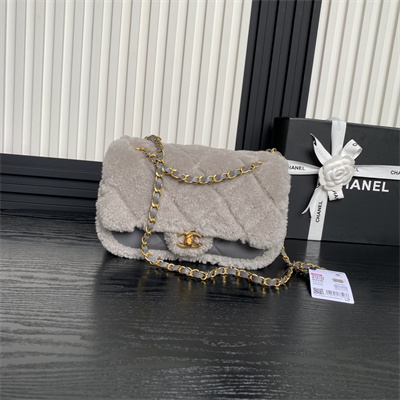 Ch*el flap bag shearling lambskin & gold-tone metal grey as5149