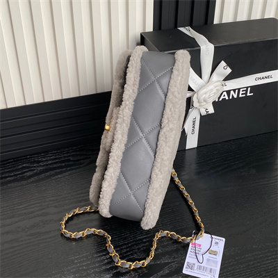 Ch*el flap bag shearling lambskin & gold-tone metal grey as5149
