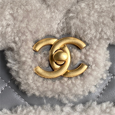Ch*el flap bag shearling lambskin & gold-tone metal grey as5149