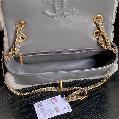 Ch*el flap bag shearling lambskin & gold-tone metal grey as5149