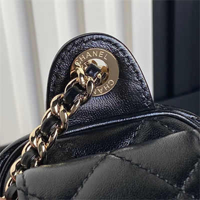 Ch*el small camera case shiny crumpled lambskin & gold-tone metal  black as5220