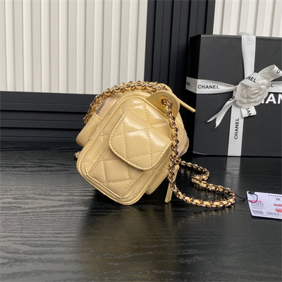 Ch*el small camera case shiny crumpled lambskin & gold-tone metal beige as5220