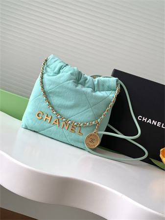 Ch*el 22 mini handbag canvas and gold tone metal green as3980