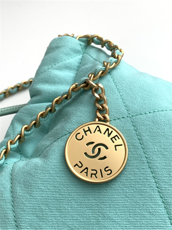 Ch*el 22 mini handbag canvas and gold tone metal green as3980