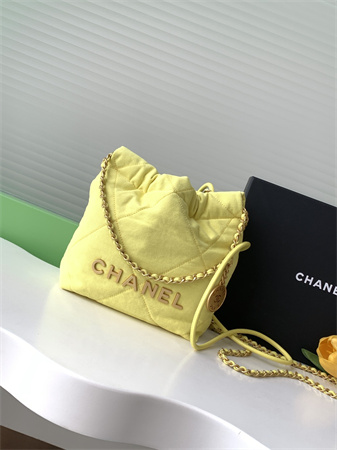 Ch*el 22 mini handbag canvas and gold tone metal yellow as3980