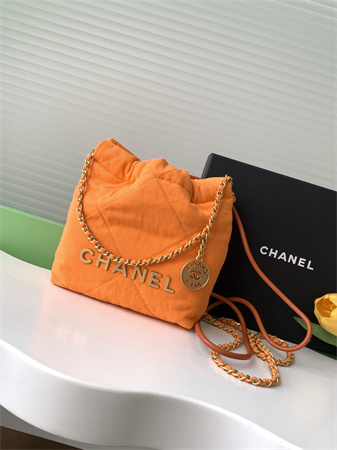 Ch*el 22 mini handbag canvas and gold tone metal orange as3980