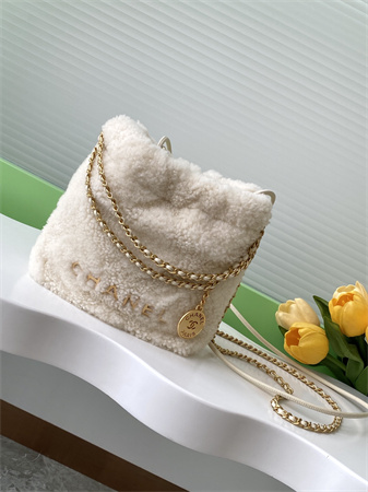 Ch*el 22 mini handbag shearling wool and gold tone metal  as3980