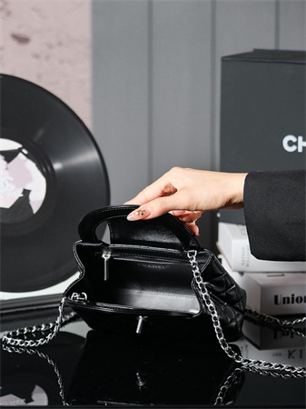 Cha.nel Mini Shopping Bag Kelly Bag Shiny Aged Calfskin Silver-Tone Metal Black AS4416