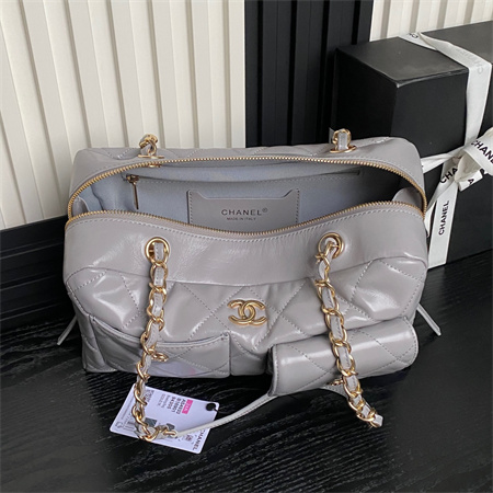 Cha.nel 24A Bowling Bag Shiny Calfskin Gold-Tone Metal Grey AS4933