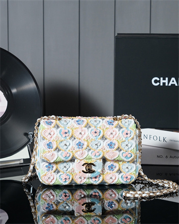 Cha.nel 24A Mini Flap Bag Flowers Sequins & Gold-Tone Metal White