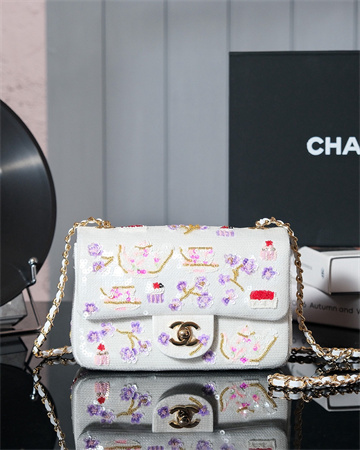 Cha.nel 24A Mini Flap Bag Sequins & Gold-Tone Metal White