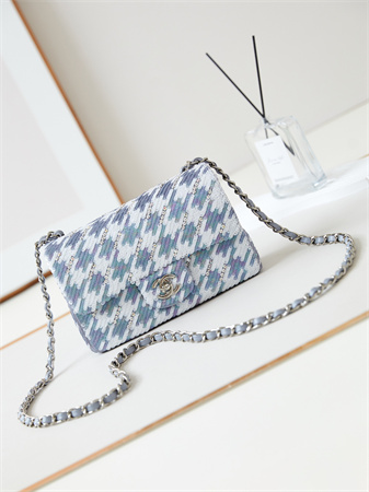 Cha.nel Mini Classic Handbag Sequins and Silver Tone Metal Grey,White &Gold A69900