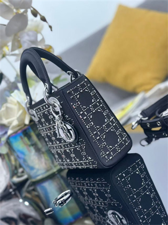 cd mini lady D*or bag satin with crystal cannage silver tone metal black