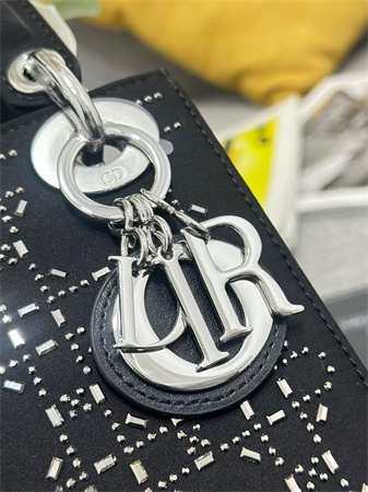 cd mini lady D*or bag satin with crystal cannage silver tone metal black