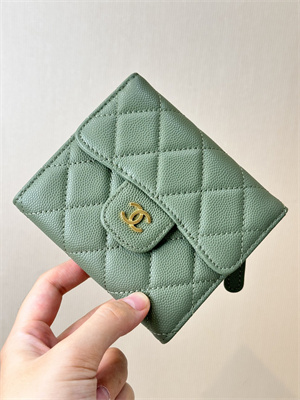 Ch*el small flap wallet tri-fold grained calfskin gold tone metal green a82288