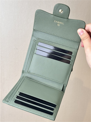 Ch*el small flap wallet tri-fold grained calfskin gold tone metal green a82288