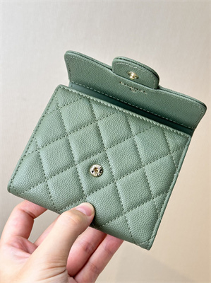 Ch*el small flap wallet tri-fold grained calfskin gold tone metal green a82288