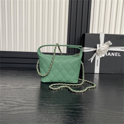Ch*el small hobo bag grained calfskin & gold-tone metal green ap4386