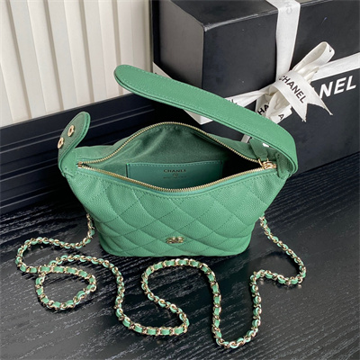 Ch*el small hobo bag grained calfskin & gold-tone metal green ap4386