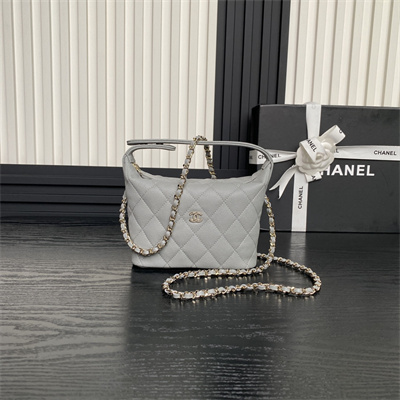 Ch*el small hobo bag grained calfskin & gold-tone metal grey ap4386