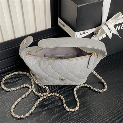 Ch*el small hobo bag grained calfskin & gold-tone metal grey ap4386