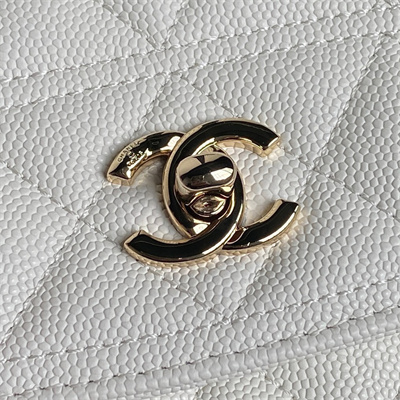 Ch*el clutch with chain grained calfskin & gold-tone metal white ap4406