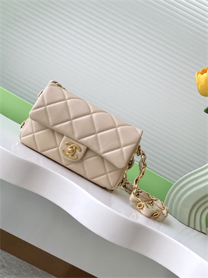 Cha.nel Small Flap Bag Lambskin & Gold-Tone Metal Beige AS5174