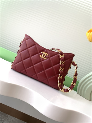 Cha.nel Hobo Handbag Lambskin & Gold-Tone Metal Burgundy AS5177