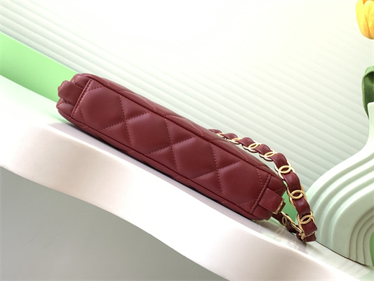 Cha.nel Hobo Handbag Lambskin & Gold-Tone Metal Burgundy AS5177