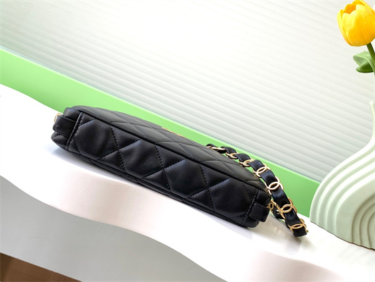 Cha.nel Hobo Handbag Lambskin & Gold-Tone Metal Black AS5177