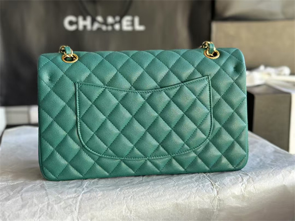 Ch*el medium classic flap bag grained calfskin gold tone metal green 01112